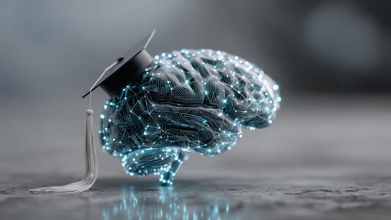A Futuristic Representation of Academic Achievement: A Graduation Cap Adorning a Digital Brain Symbolizing Knowledge, Intelligence, and Innovation in the Modern Era