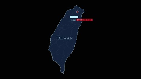 mapa azul de taiwán con la ciudad capital de taipei y coordenadas geográficas en fondo negro