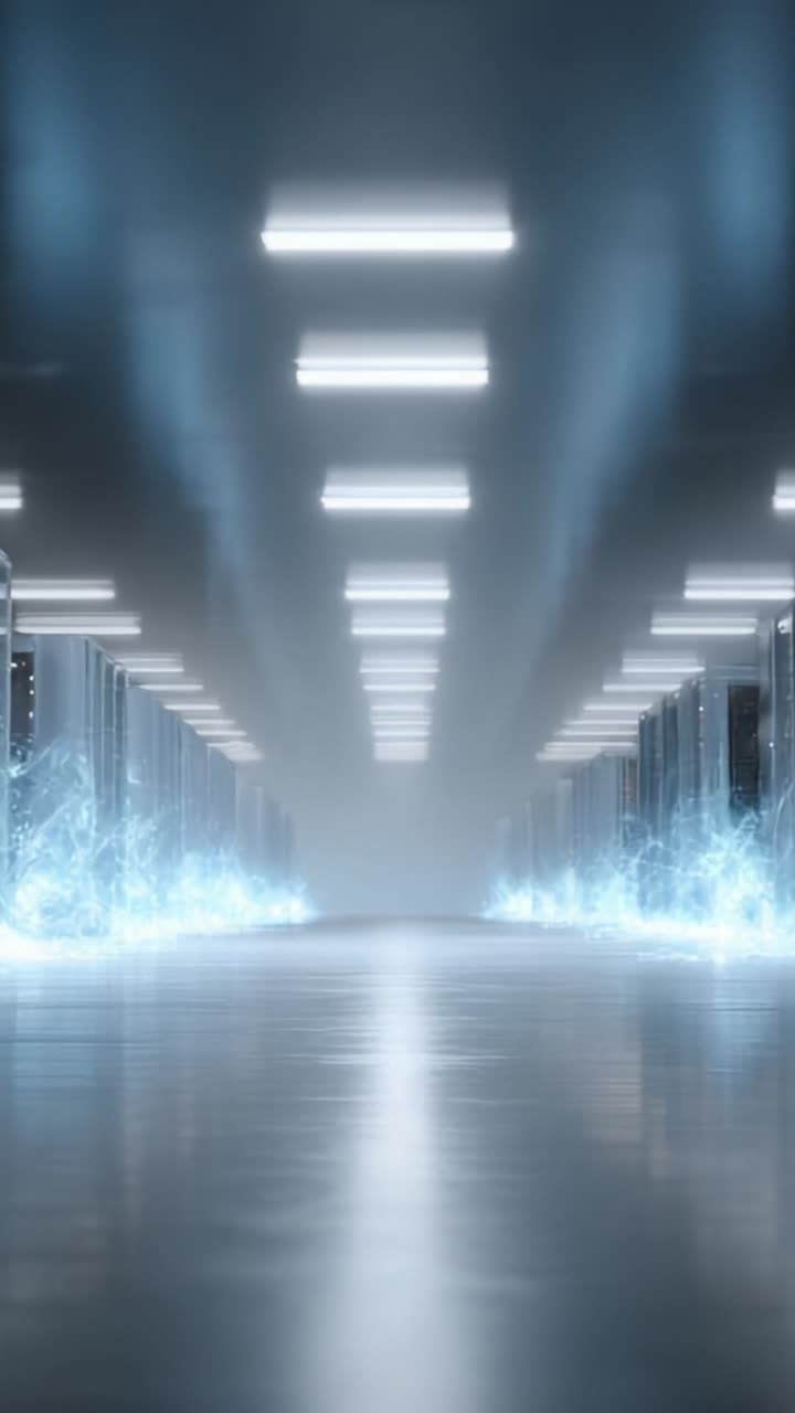 Un corridoio futuristico illuminato da luci fluorescenti e circondato da effetti di energia luminosi, che creano un'atmosfera mistica e high-tech