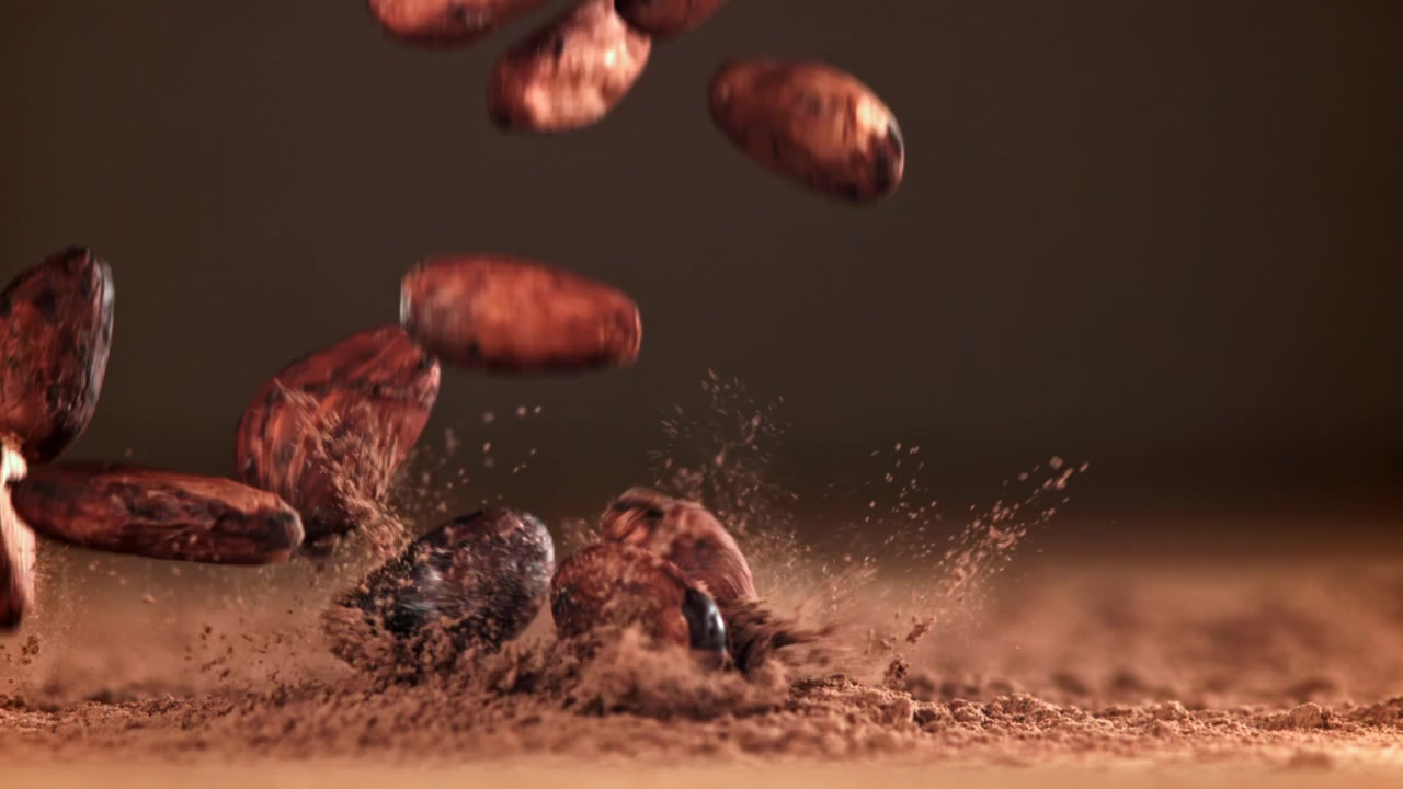 Cocoa Beans Falling onto Cocoa Powder in Slow Motion