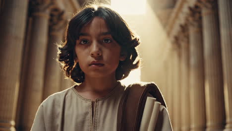 a young boy in an ancient temple setting
