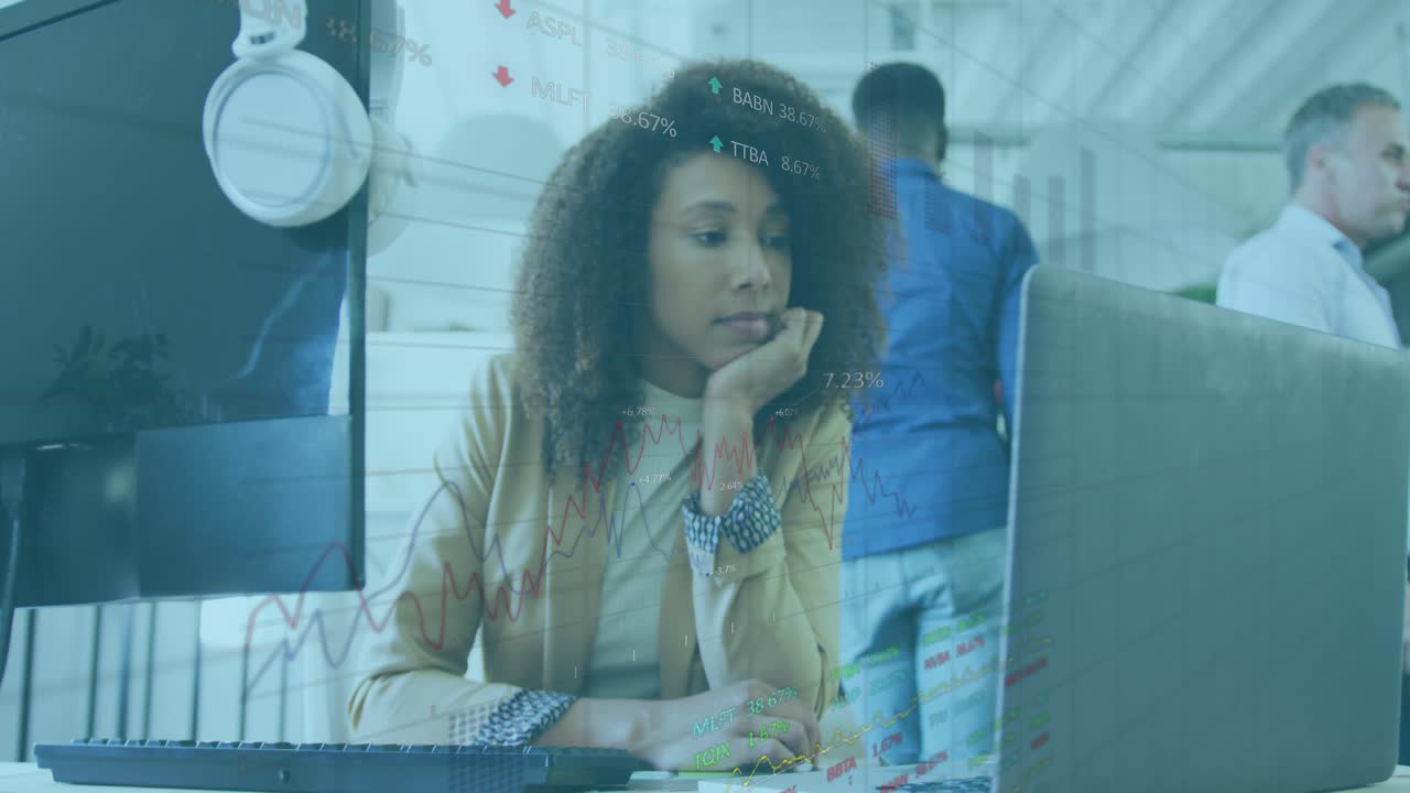 Animation of statistical data processing against thoughtful african american woman at office