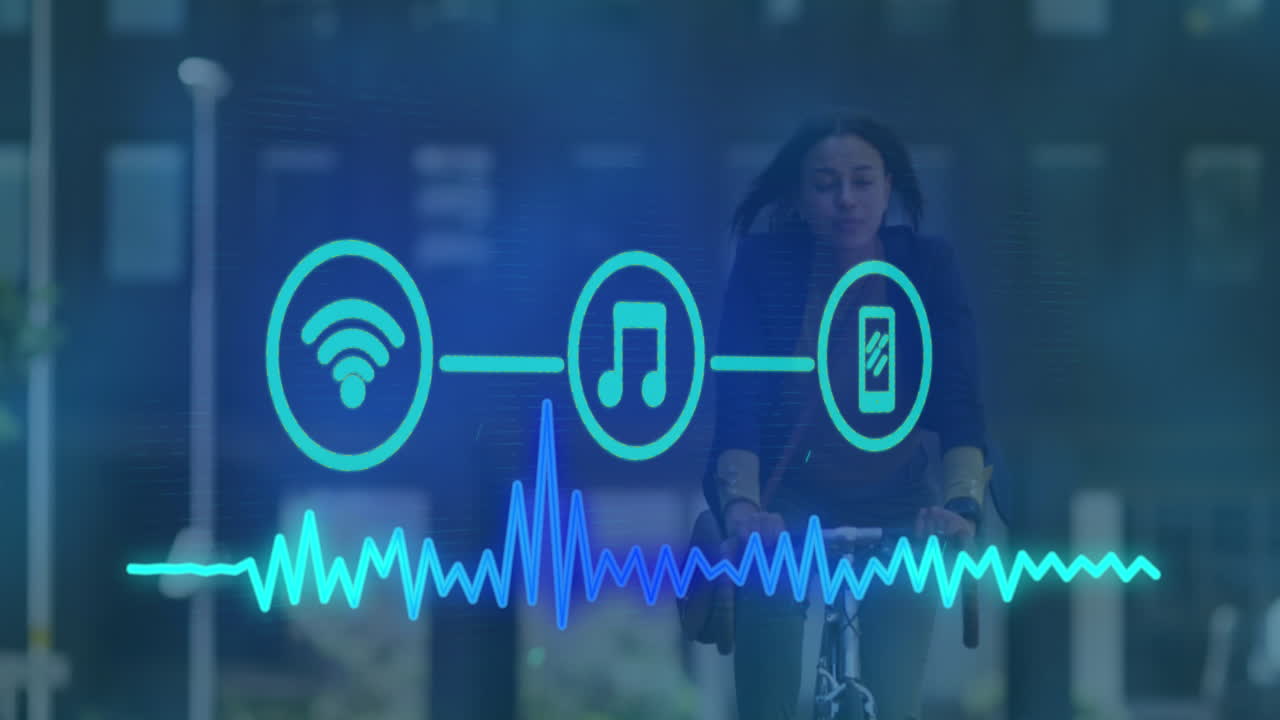 animación de tres iconos digitales y procesamiento de datos sobre una mujer en bicicleta en la ciudad
