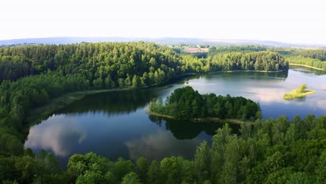 Drohne-Fliegt-über-Einen-See-Mit-Einer-Waldinsel-Im-Inneren