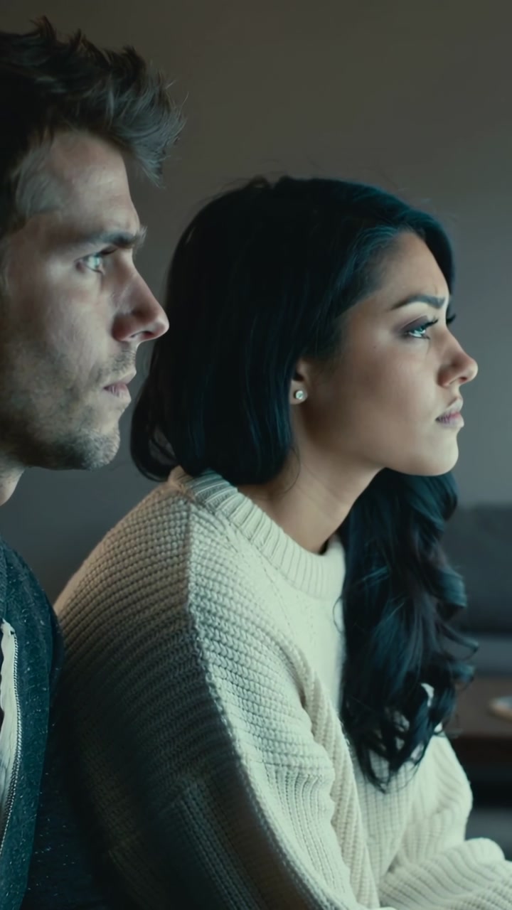 Vertical video: Watching couple on couch watching off-screen cue at home for thought, knit sweater
