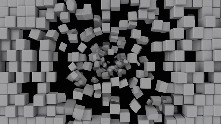 Abstrakt animation af grå kuber, der opløses i et sort tomrum