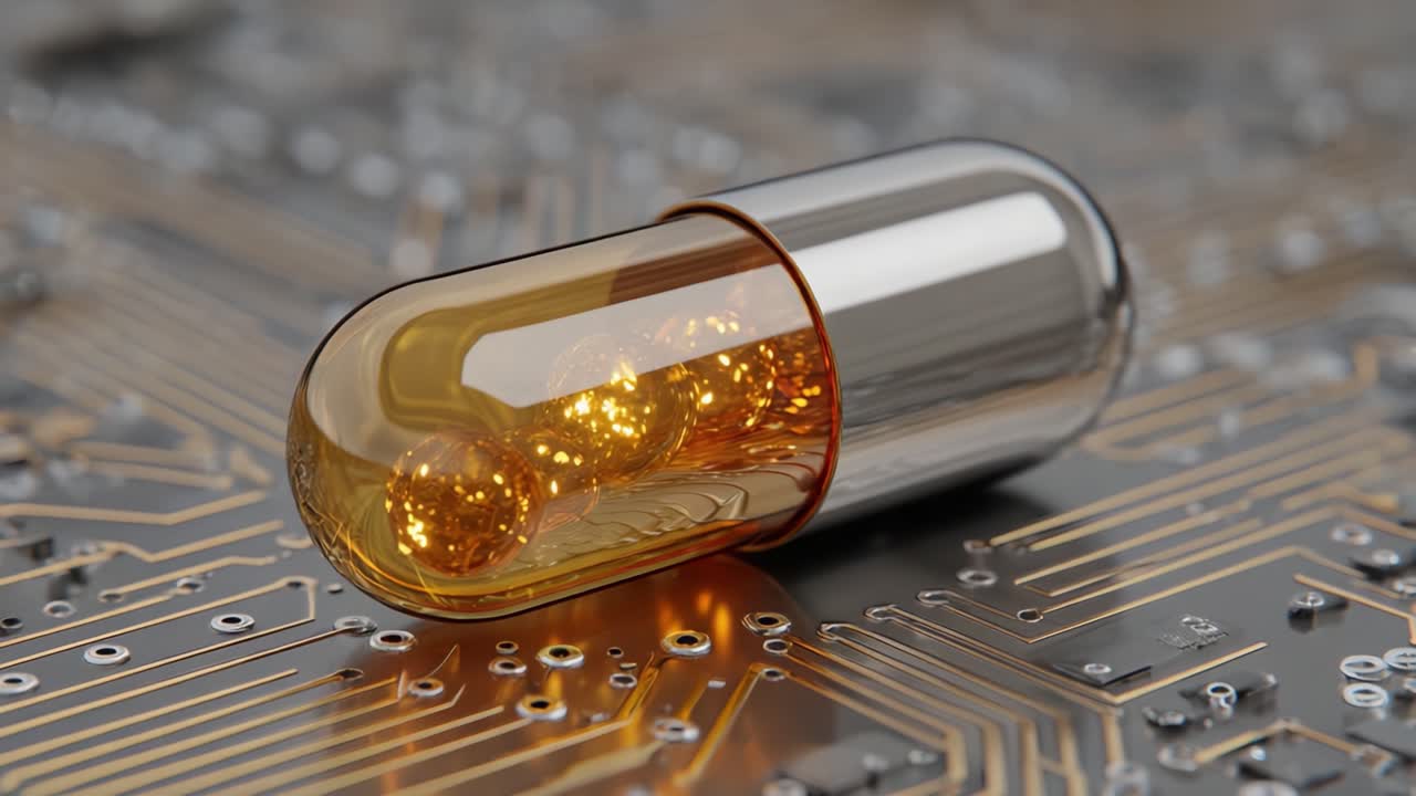 A Glimpse into the Future: A Transparent Capsule Filled with Glowing Orbs on a Circuit Board Background, Symbolizing the Intersection of Technology and Medicine