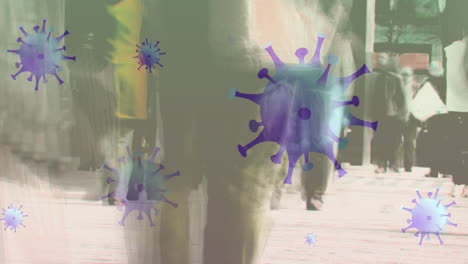 animación de células de virus sobre personas que caminan por la calle
