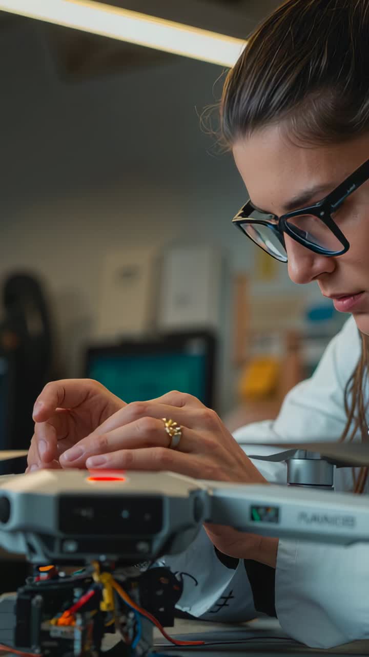 Vertical video: Inspecting drone at bench woman in lab coat aligning red LED for repair, copy space