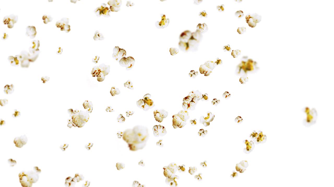 색 배경에 많은 팝콘을 날리는 색 소금 팝콘 건강한 음식 옥수수 씨 팝콘 회전의 3d 루프 애니메이션