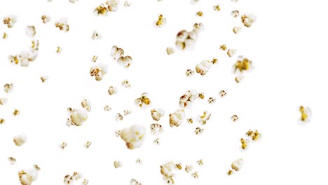 flying many popcorns on white background. white salty popcorn. healthy food. corn seed. 3d loop animation of popcorn rotating.