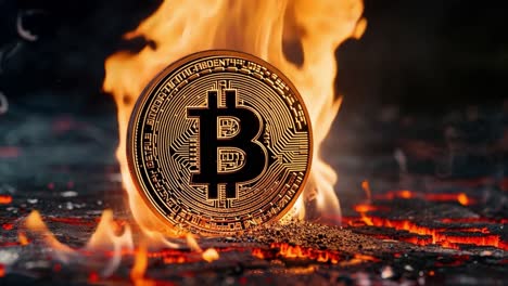 burning bitcoin coin on molten ground