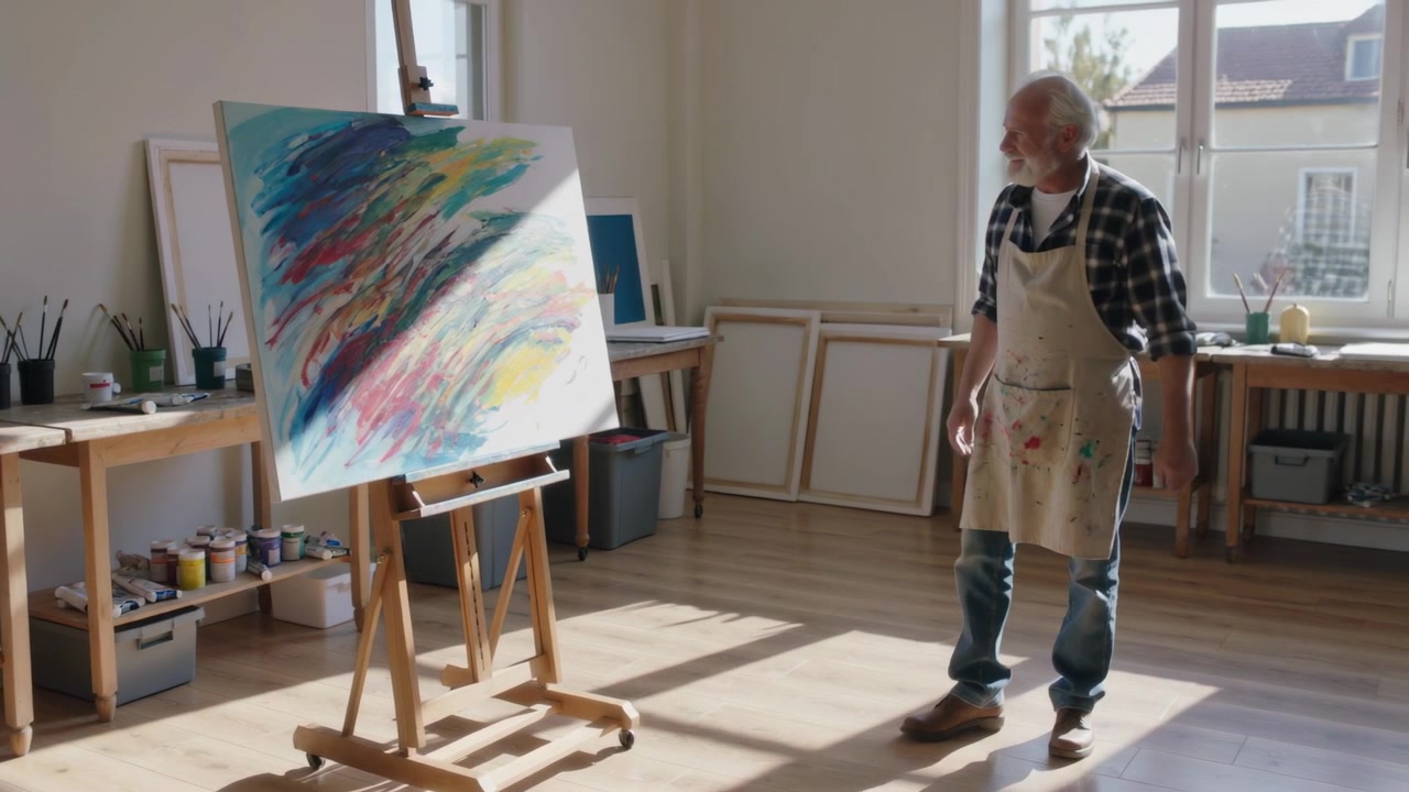 Seeing light, senior-in-apron artist stepping around easel in studio to assess colors, copy space