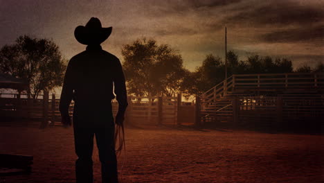 silhouette of a cowboy holding a lasso in a rodeo arena at sunset