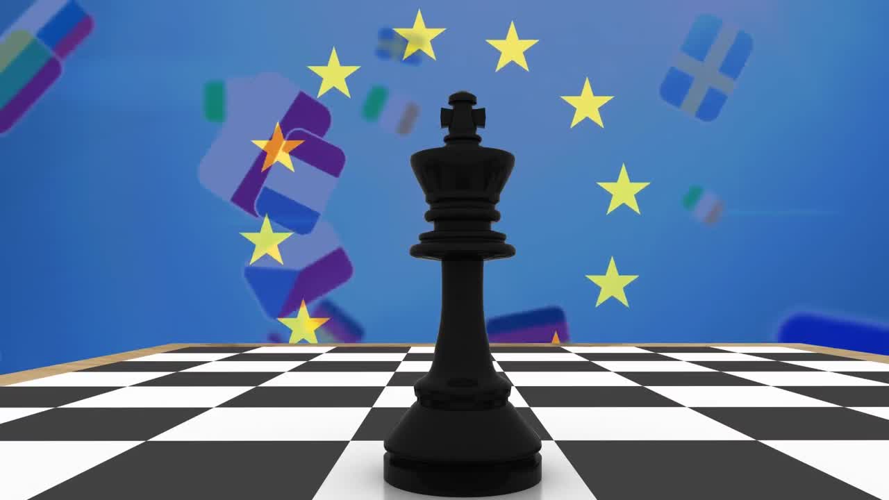 Animaatio kuninkaasta shakkilaudalla useiden maiden lippujen kanssa Euroopan unionin lipun yllä