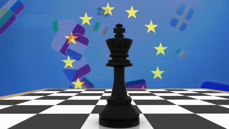 animation of king on chess board with multiple nations flag over european union flag