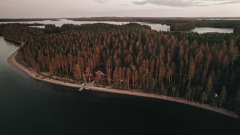 aerial, drone, finnish summer hut in forest at a lake, sunset