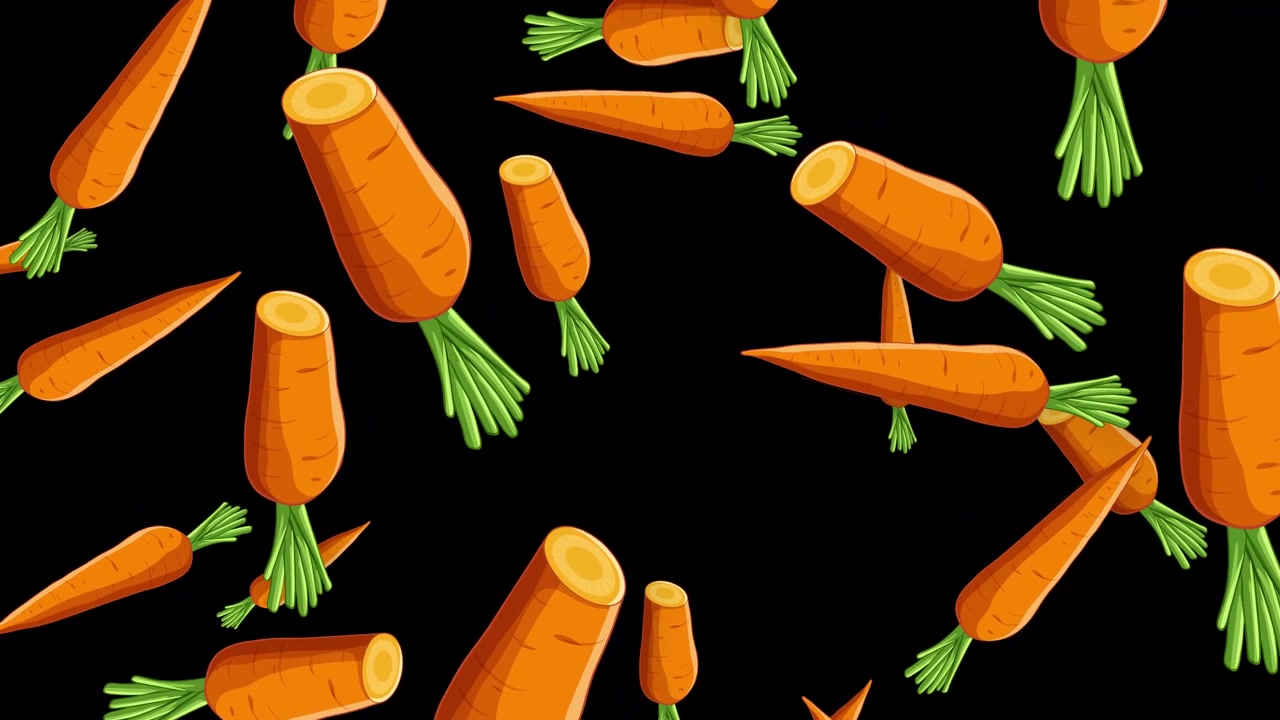 Gestileerde oranje wortels met groene stelen vallen en roteren tegen een effen zwarte achtergrond