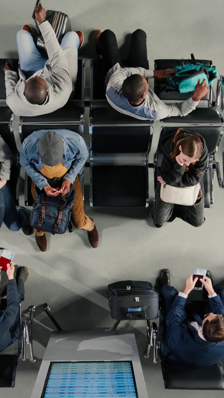 Overhead View of Diverse Travelers Waiting in Airport Departure Lounge