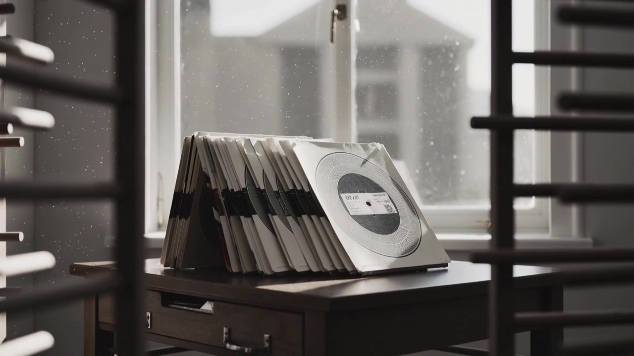 Posouvající se kamera odhaluje stan z vinylových desek na skříňce u okna, aby odhalila lamelové police a prach