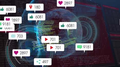 Animation-of-social-media-icons,-round-scanners-and-data-processing-against-spinning-globe