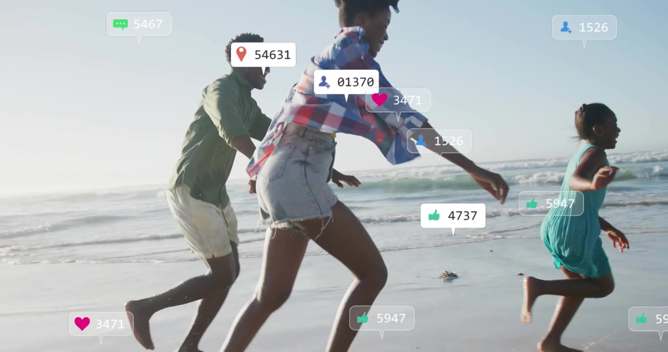 Family running along shoreline, movement sparking growing hearts pins counters for marketing