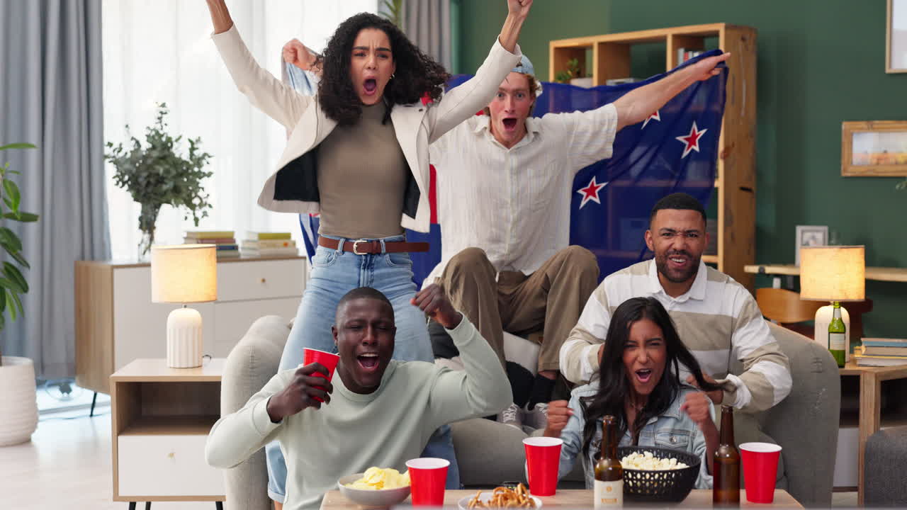 Group of friends celebrating and cheering at home