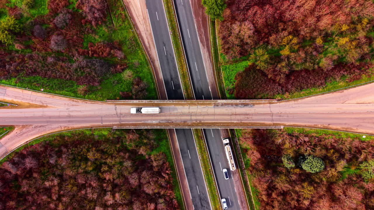 Zwei sich kreuzende Straßen mit Herbstbäumen und einem weißen Lastwagen, der auf der Brücke fährt. Draufsicht auf eine Autobahnbrücke über einer kreuzenden Straße.