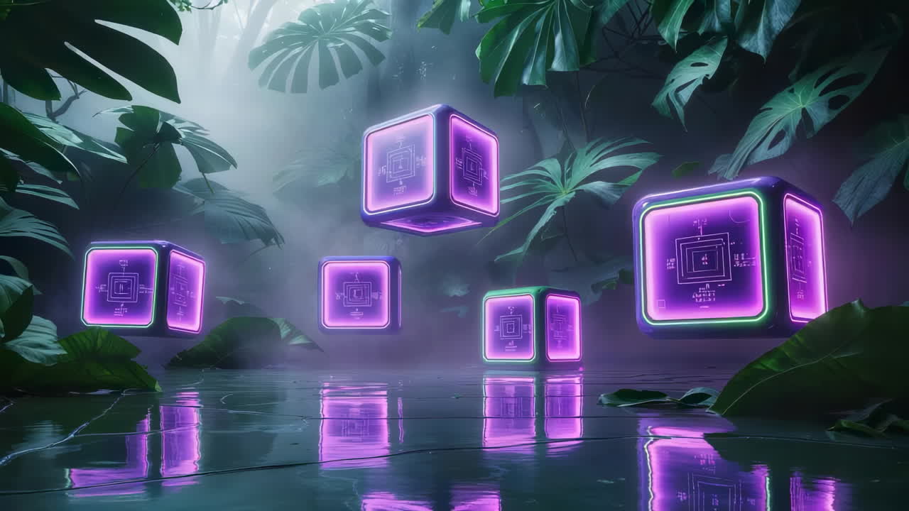 Glowing Cybernetic Cubes in a Mystical Jungle
