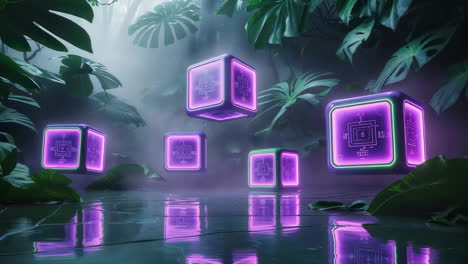 glowing cybernetic cubes in a mystical jungle