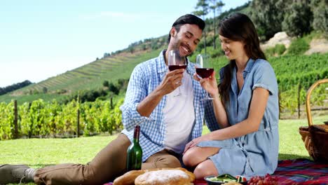 couple toasting wine glasses in the farm