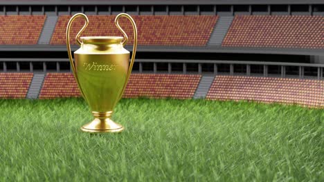 Tournament-trophy-in-stadium,-3d-render-vertical-video-with-text-space