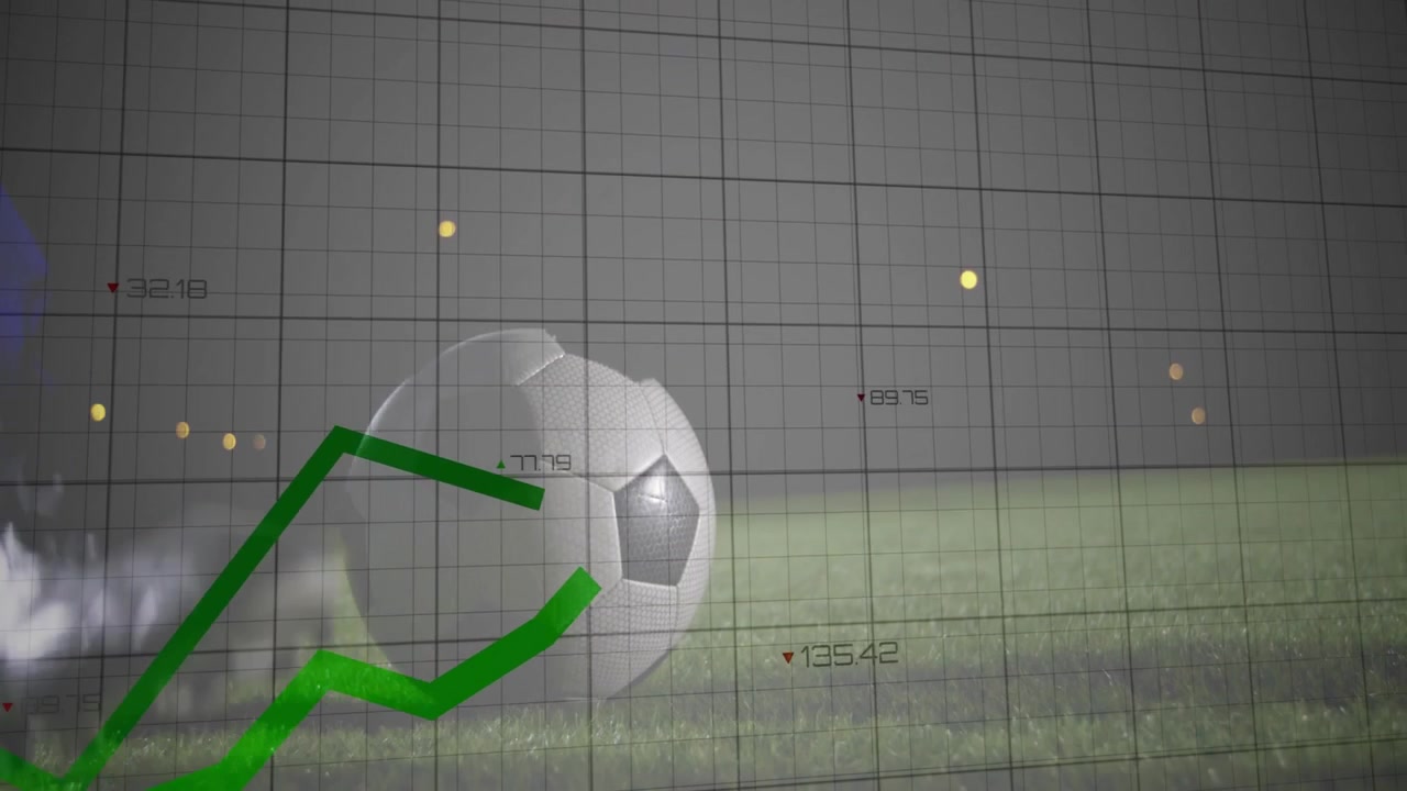 Displaying soccer ball sitting on grass pitch at stadium, with wiregrid, green graphs, boot