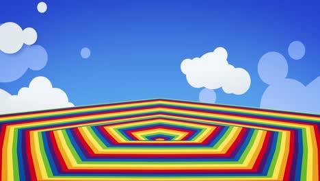 animation of rainbow coloured lines waving over clouds on blue background