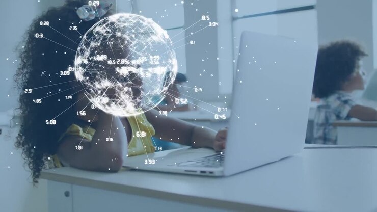 Animation of globe with network of connections over diverse schoolchildren using laptops