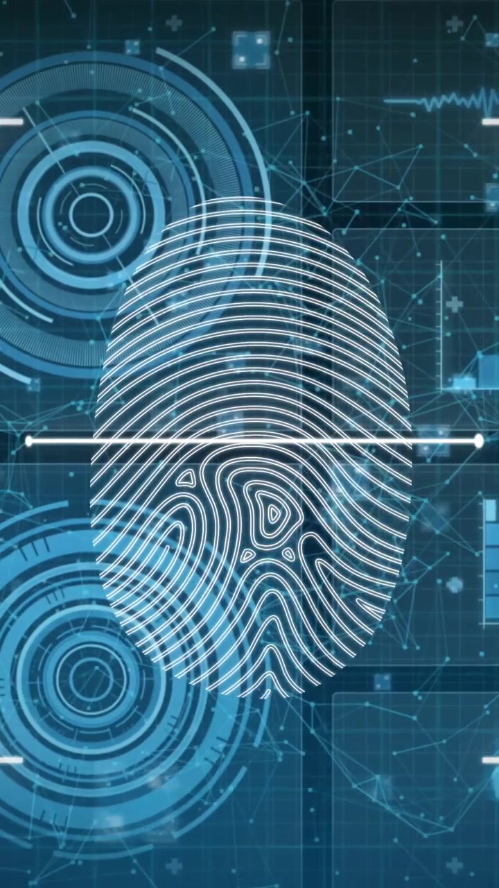 Animation of biometric fingerprint scanner against interface with data processing on blue background