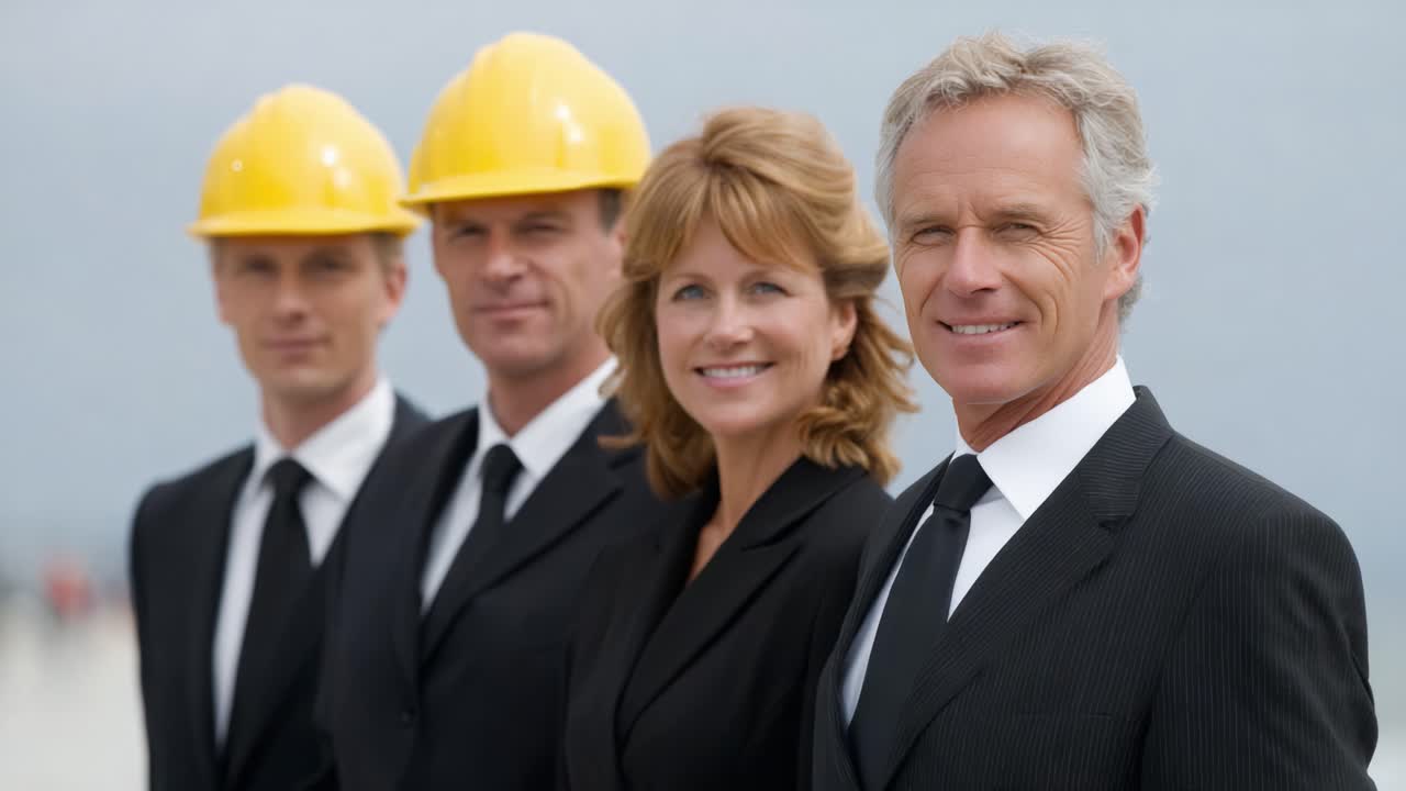 A Professional Team of Business Attire and Hard Hats: Four Individuals Representing Dual Roles in a Corporate Construction Environment