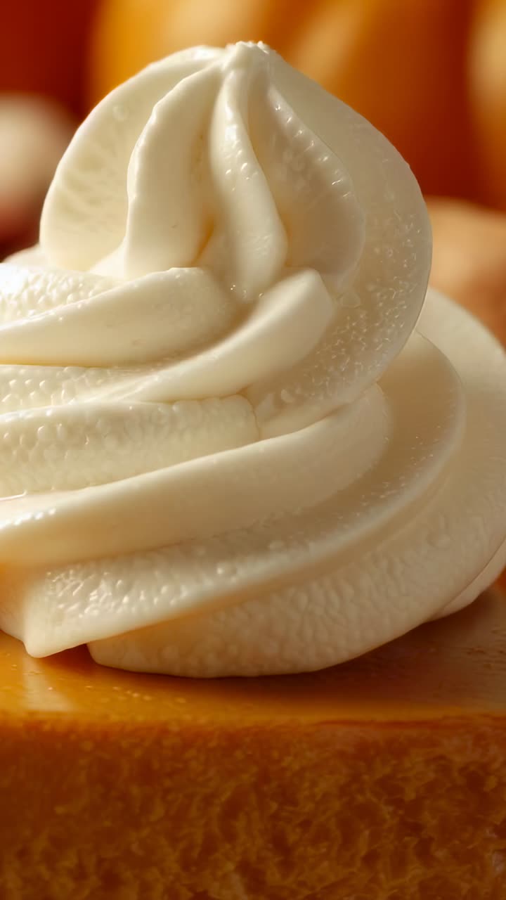 Vertical video: Camera panning whipped cream swirl on pumpkin pie slice on bakery table with gourds