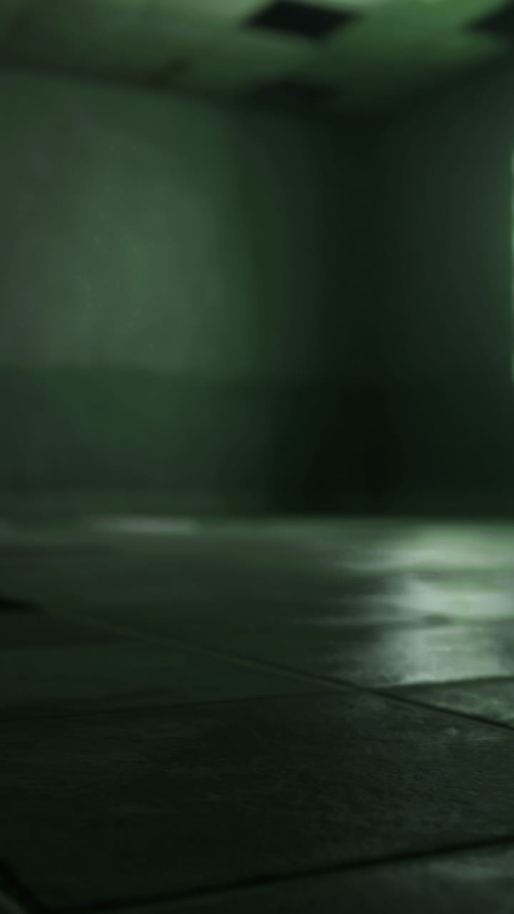 Dark and moody interior space with green light filtering through windows