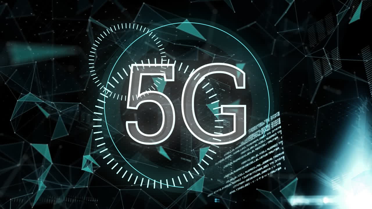 animazione di 5g scritta in lettere bianche con scansione dell'ambito e dati