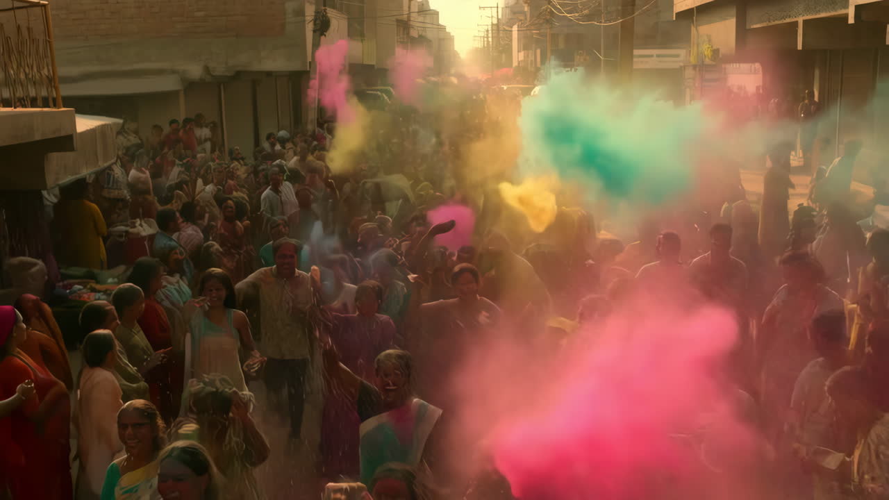Vibrant Holi Festival Celebration with Crowd and Colorful Powder