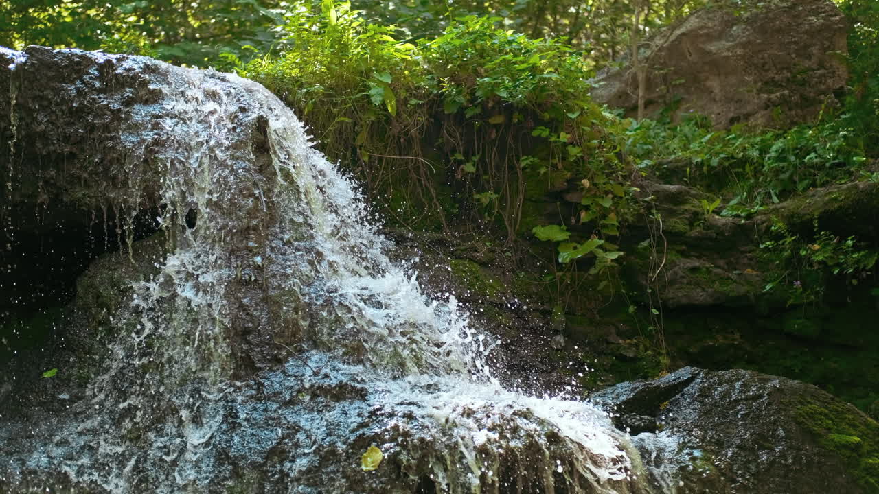 A small waterfall falling from a cliff in a forest with lush greenery around
