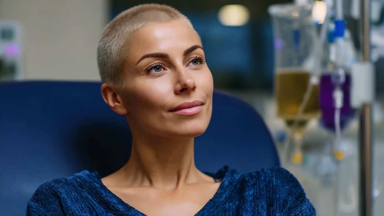 A Moment of Contemplation: A Woman in a Medical Setting Reflects While Receiving Treatment, Highlighting Resilience and Inner Strength Amidst the Challenges of Illness and Healing Journey