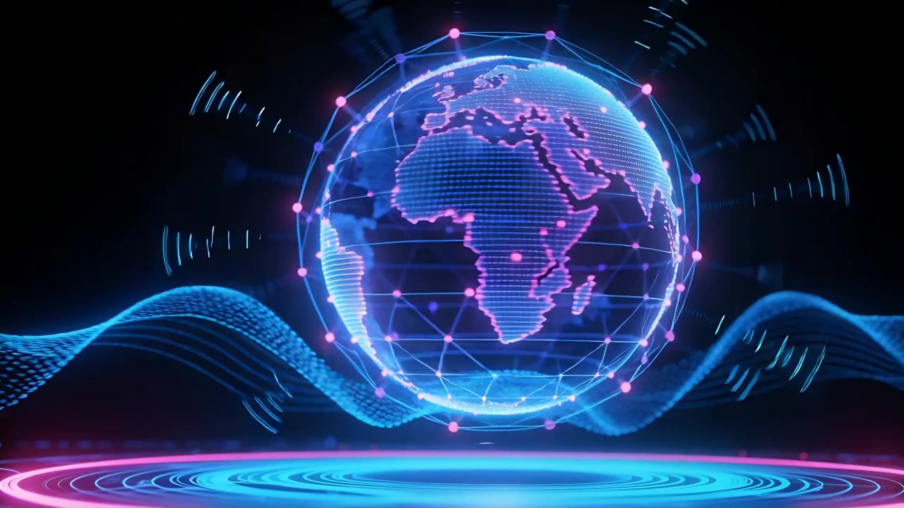 Starting animation showing holographic globe rotating above neon rings, visualizing network signals
