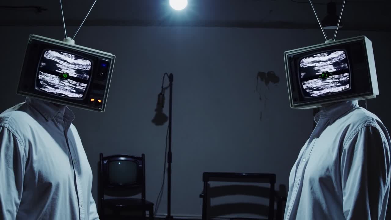 Two individuals with television heads engage in a surreal moment within a shadowy space, highlighting the blend of technology and human expression in an intriguing atmosphere
