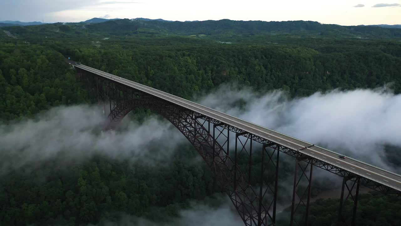 Fog Above New River Gorge and Under High Arch Bridge in Landscape of Appalachian Mountains, West Virginia, USA