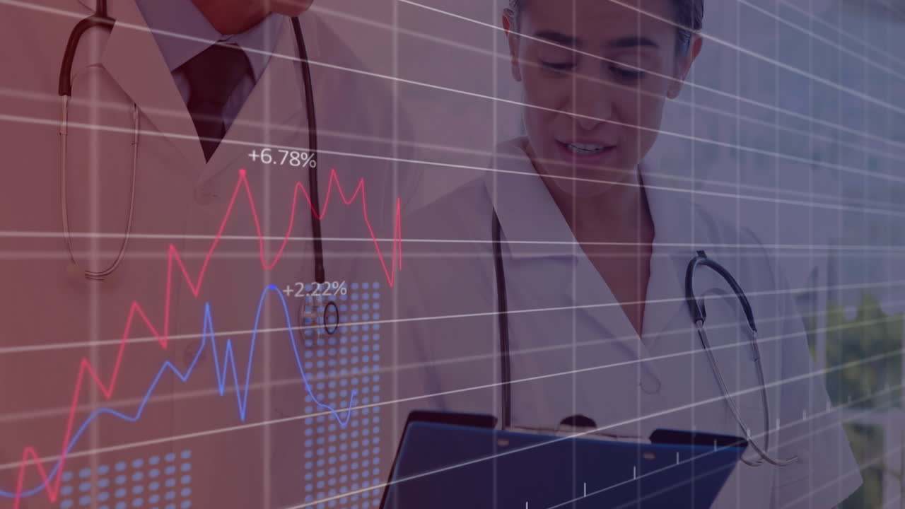 Smiling doctors with financial data animation overlay in medical office