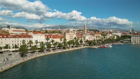 Low-aerial-drone-flight-towards-the-Riva-in-Split,-Croatia