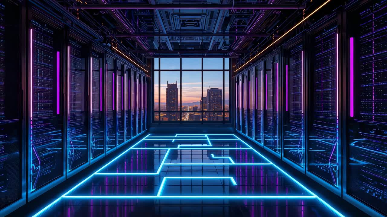 Playing, neon-lit server corridor in data center glowing with purple LED strips revealing skyline