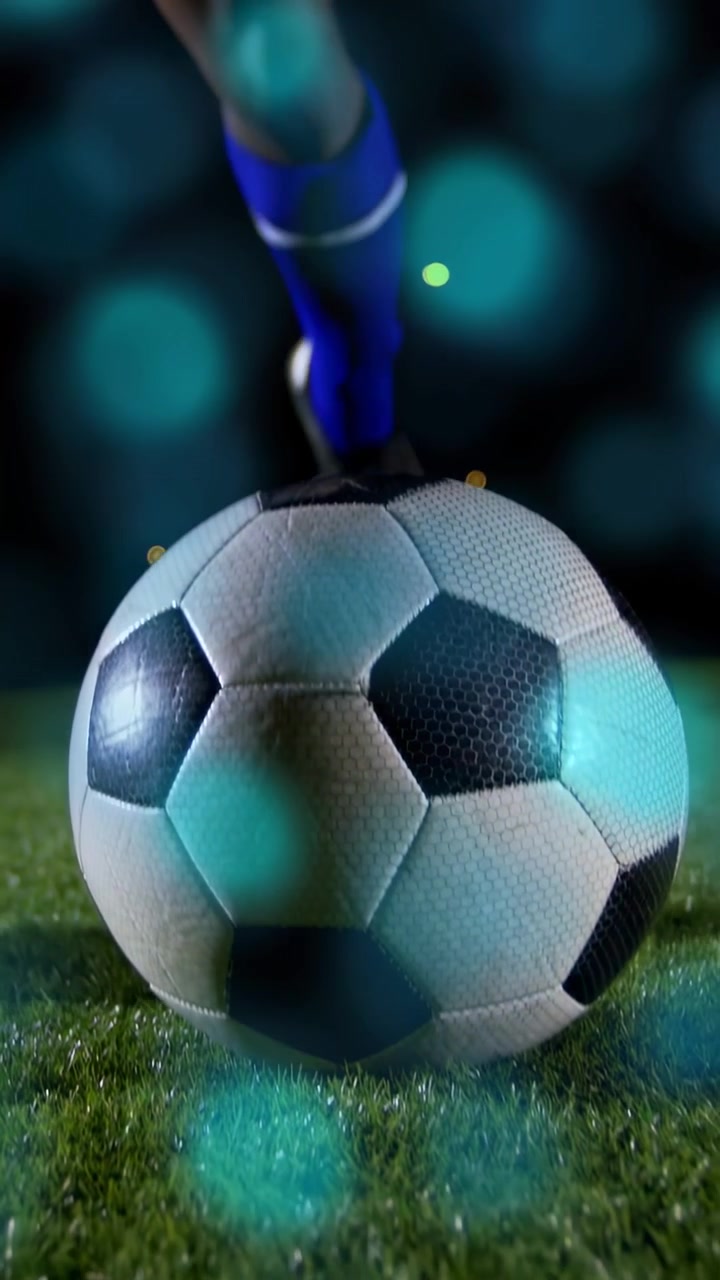 Dikey video: Futbolcu topu lense doğru hareket ettirip şut çekiyor, spor temalı olarak oyuncunun üzerinde camgöbeği bokeh efekti.